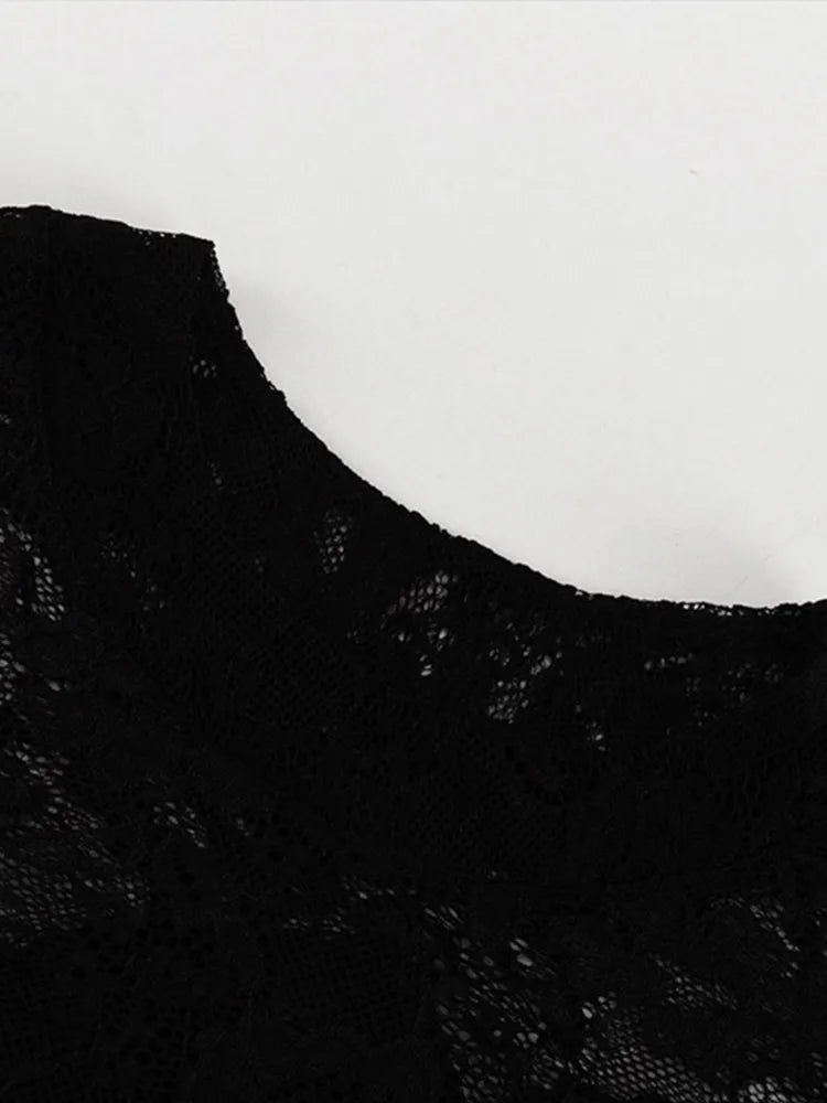 Vestidos largos sexis de encaje calado con forro tipo A para mujer, estilo vintage, holgados, con perspectiva y cuello redondo, negros, elegantes y chic para fiestas callejeras.