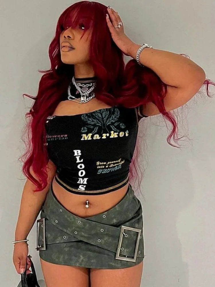 Top corto calado para mujer, cuello redondo, ropa estética, letras estampadas, accesorios Y2k, manga corta, ropa femenina, estilosas de verano