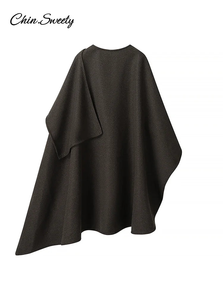 Elegant Irregular Cloak Coat Women Solid Half Sleeve O Neck Scarf Loose Female Jacket 2025 Winter Lady Thick Chic Overcoat New