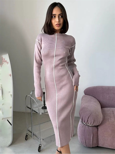 Patchwork Casual Knit Maxi Dress For Women Contrast Ribbed High Waist Slim Elegant Party Dress Female Knitwear Long Dress