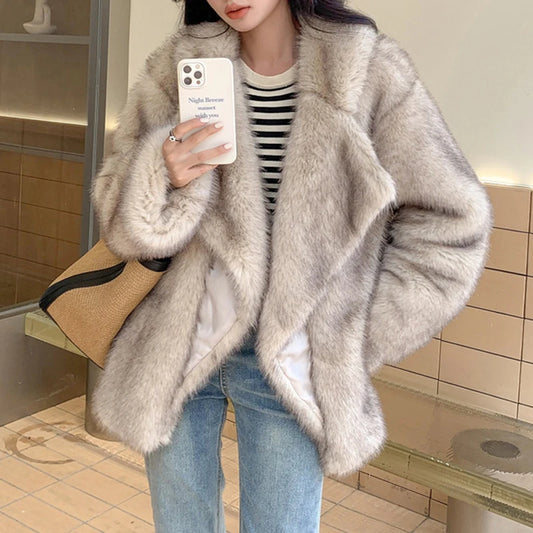 Chaqueta de piel sintética de marca de lujo para mujer, abrigo holgado de gran tamaño, largo y esponjoso, con degradado de color animal, para invierno