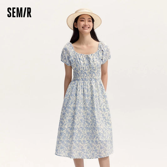 Dress Women Gentle And Elegant Summer New French-Style Square Collar Waist Cinched Mid-Length Fresh
