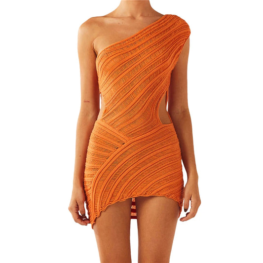 One Shoulder Dress for Women Solid Color Slim Fit Sleeveless Bodycon Knitted Dress y2k Club Party Dresses Streetwear