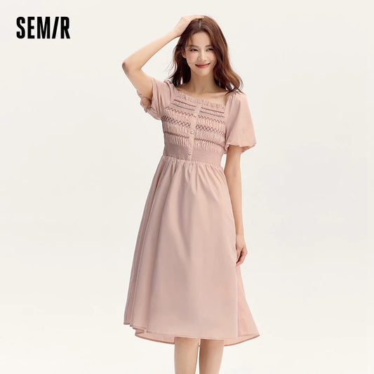Dress Women Square Neckline Bubble Sleeves Slim Fit And Elegant Summer New Playful And Graceful Mid-Length Dress