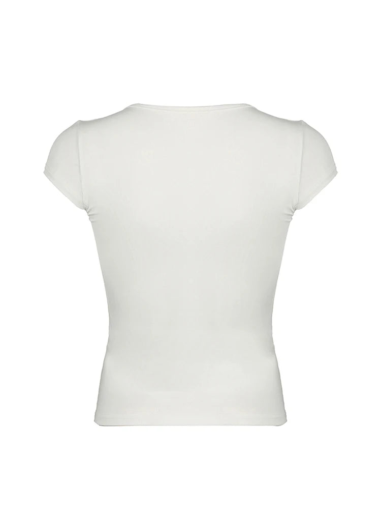 Camiseta básica ajustada de manga corta con cuello en V y ribete de encaje blanco liso para mujer, camisetas coreanas elegantes y sexis a la moda