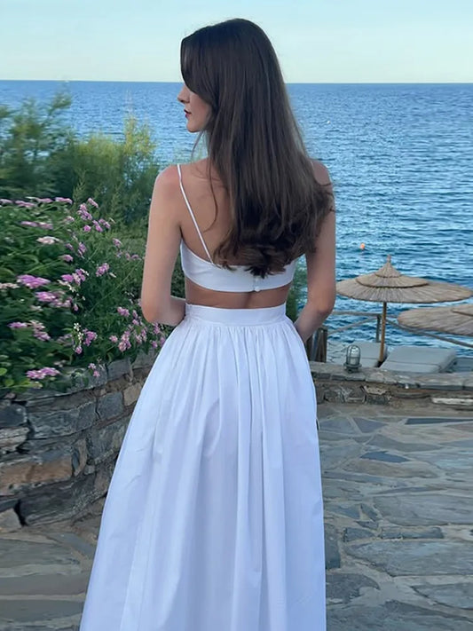Sexy Solid Tube Shirt Long Skirt Woman’s Set Retro Sleeveless Short Shirts High Waist Pleated Skirts Sets Female Beach Holiday