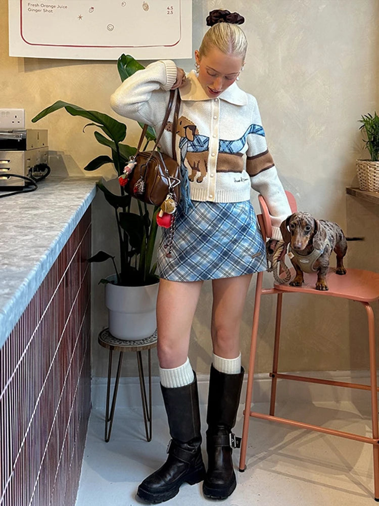 Casual Knitted Printed Dog Cardigan Women Vintage Cute Lapel Single Breasted Short Sweaters Female Autumn Chic Street Knitwear