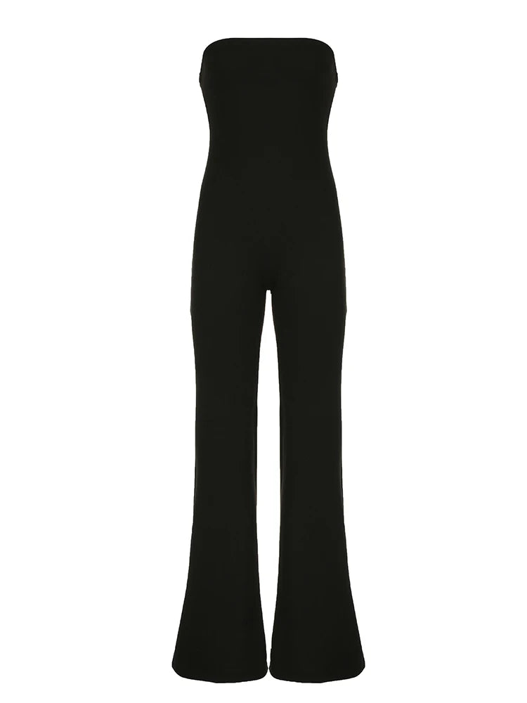 Monos largos elegantes sin tirantes, negros, lisos, para mujer, ajustados, de pierna ancha y acampanados, monos sencillos de moda para vacaciones.
