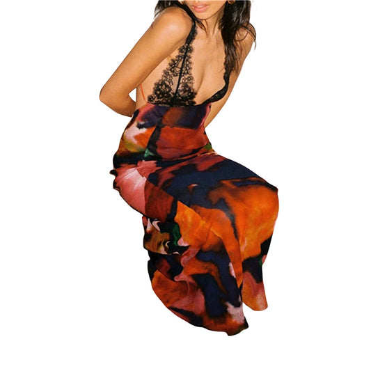 Lace Trim Dress y2k Aesthetic Women Leopard/Floral Print Sleeveless Long Dresses Sexy Backless Cocktail Party Dresses