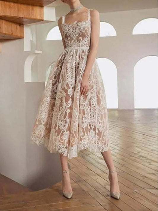 Vestido largo elegante con escote cuadrado, encaje bordado, cintura de hada, sin mangas, camisola para mujer, primavera-verano 2025, 23A8639