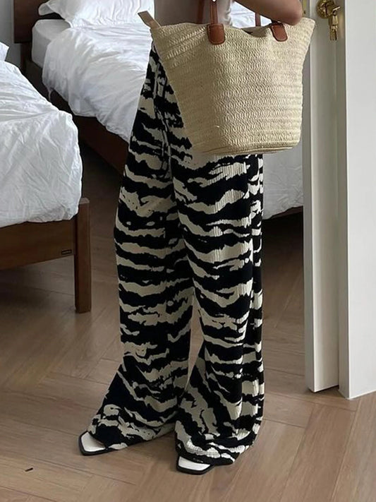 Pantalones rectos de punto con rayas de cebra para mujer, con cordón ajustable, cintura elástica, holgados e informales, conjuntos bohemios para vacaciones.
