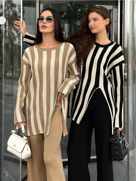 Striped Knitwear Fashion 2 Piece-Set For Women Contrast Long Sleeve Split Straight Trousers Outfits Women’s Pants Sets