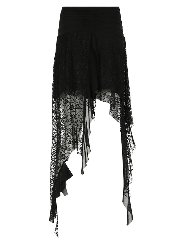Faldas midi de encaje gótico negro liso para mujer, con dobladillo asimétrico, elegantes, para vacaciones, estilo bohemio.