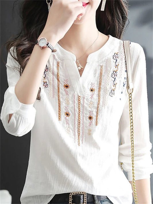 Blusas blancas de primavera y otoño para mujer, blusas informales bordadas con cuello en V y manga larga, blusas vintage holgadas DF4272