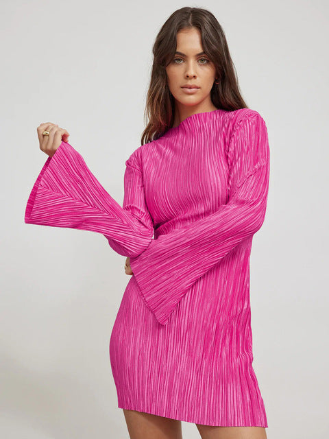 Vestido plisado de manga larga para mujer, vestido ajustado con cuello en V, elegante, para fiesta y club, otoño e invierno, nuevo