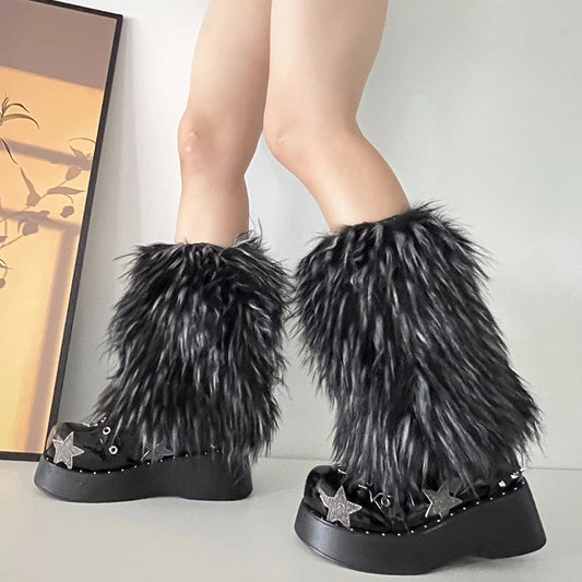 Calentadores de piernas de zorro sintético esponjosos de marca de lujo para mujer, cubrebotas gruesos y cálidos con pelo, estilo Harajuku chic, estilo Y2K