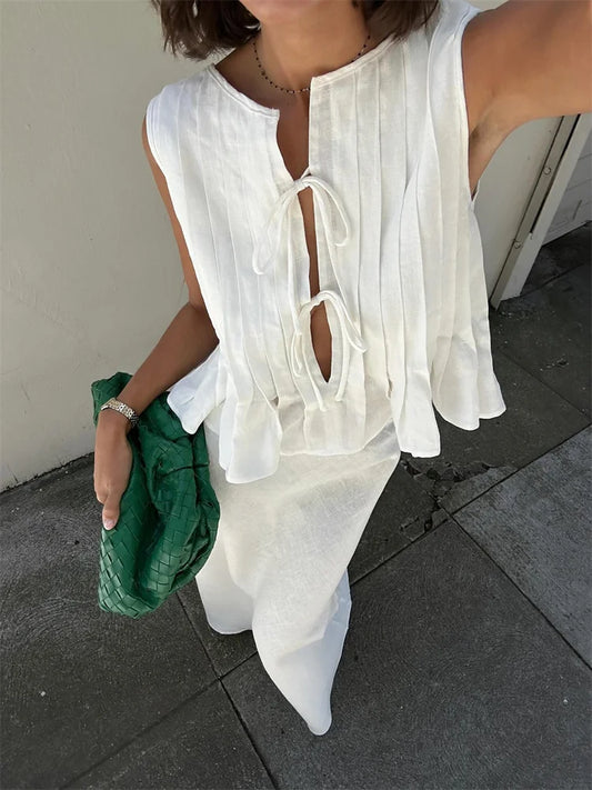 White Bandage Ribbed Tank Top Shirts For Women Hollow Out Sleeveless Slim Summer Fashion Vest Women’s Lace-Up Vest Y2k Top