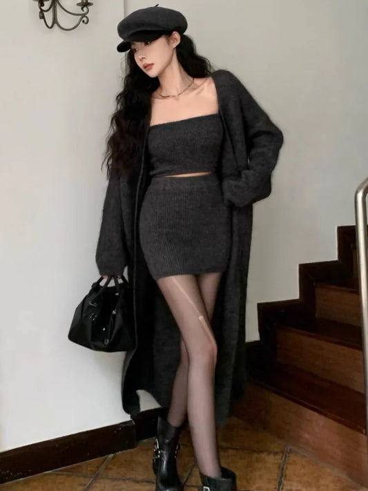 Autumn Winter New Knitted 3-piece Skirt Set Women Solid Long Cardigan Strapless Crop Top Mini Skirt Y2K Korean Chic Knitwear New