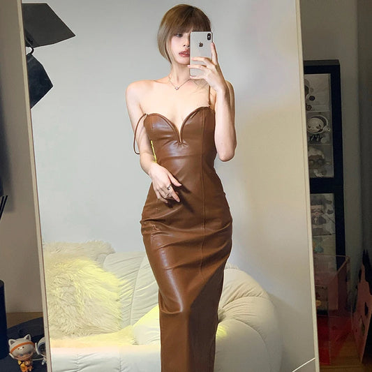 Sling Pu Faux Leather Sexy Slit Fit Long Dress Y2k Streetwear Party Club Vacation Birthday Summer Women Clothing