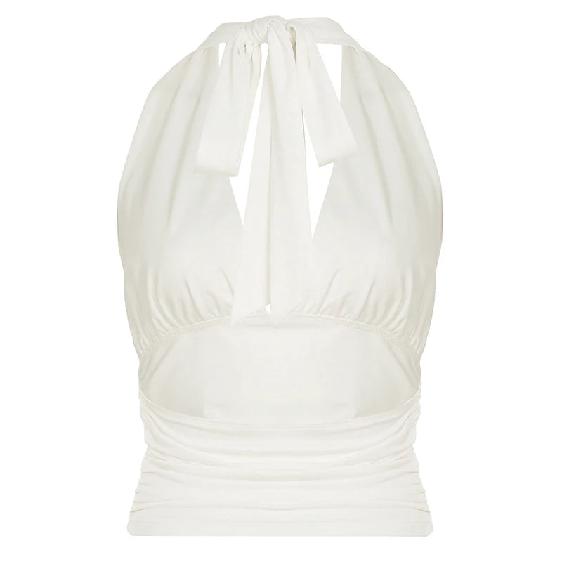 Tops sexys de estilo coreano para mujer, estilo halter, sin mangas, espalda descubierta, ajustados, con cordones y cuello en V, lisos.