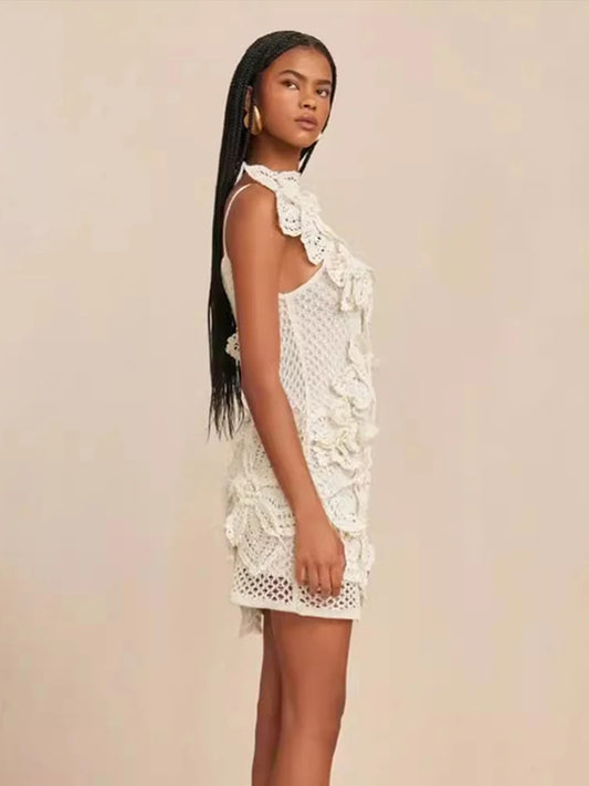 Vestido mini de punto con flores en 3D para mujer, sexy, ajustado, con aberturas en la cadera, cuello halter, para playa, fiestas y vacaciones.