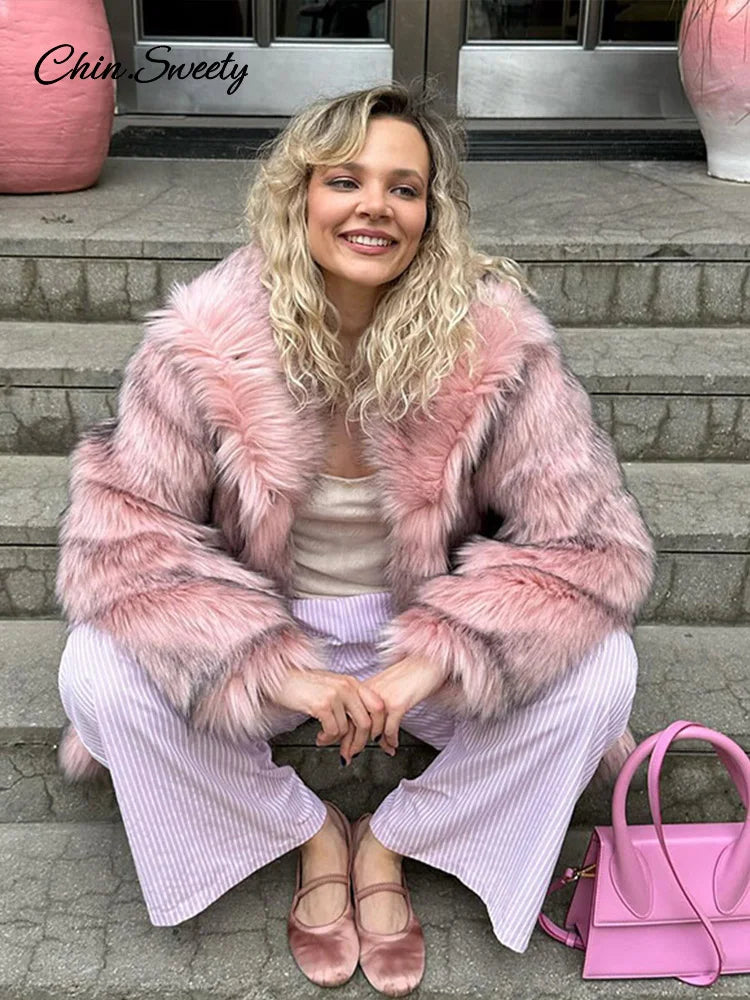 Winter Faux Fur Long Coat For Women Fashion Full Sleeve Fur Collar Oversize Female Jacket New Elegant Thick Warm Outwear
