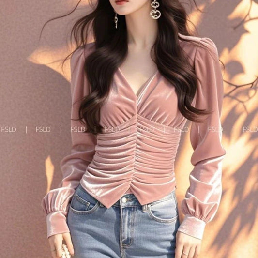 Camiseta de manga larga de terciopelo para mujer, cuello en V, informal, para jóvenes, elegante, de lujo, blusa básica, moda nueva