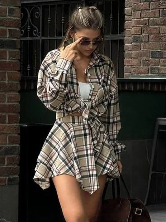 Vintage Contrast 2 Piece-Set Skirt For Women Long Sleeve Slim Patchwork Coat And High Waist Skirt Outfits Ladies Clothes