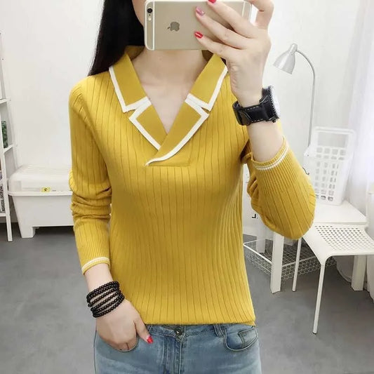 Suéter de punto estilo otoño-invierno para mujer, top informal con cuello en V, DF4922