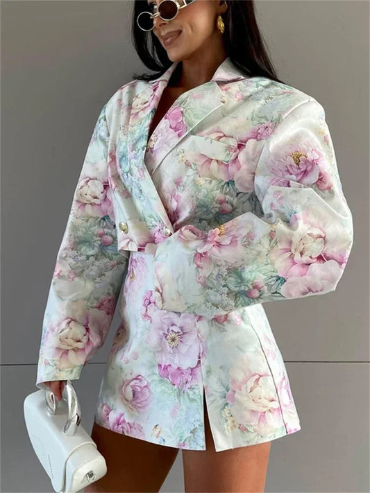 Printed Fashion 2 Piece-Set Skirt Female V-Neck Cropped Top And Mini Skirt Sets Commute Clothes Women’s Contrast Outfits