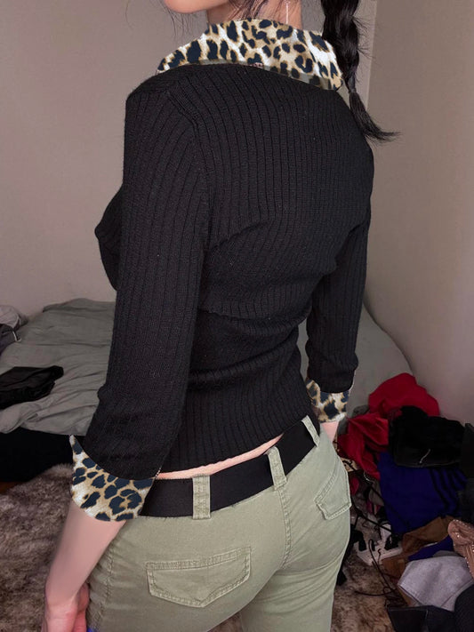 Blusas de manga larga con botones y cuello vuelto de leopardo para mujer, nuevas camisetas básicas y elegantes de punto para otoño