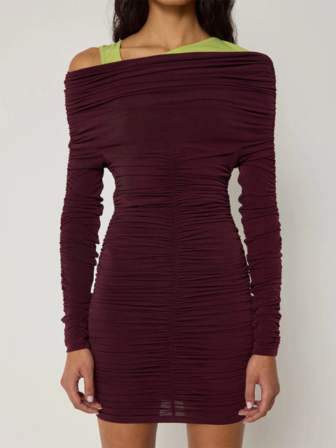 Elegant Long Sleeved Pleated Elastic Tight Dress Women 2025 New Autumn/Winter Short Skirt Sexy Slim Party Club Vestido