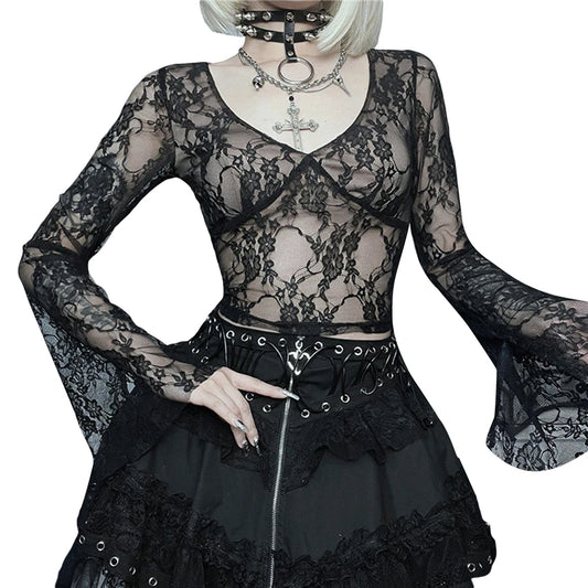 Cyber y2k Tops Women Aesthetic See Through Floral Lace Flared Long Sleeve T Shirt 2000s Goth Grunge Clothing Streetwear