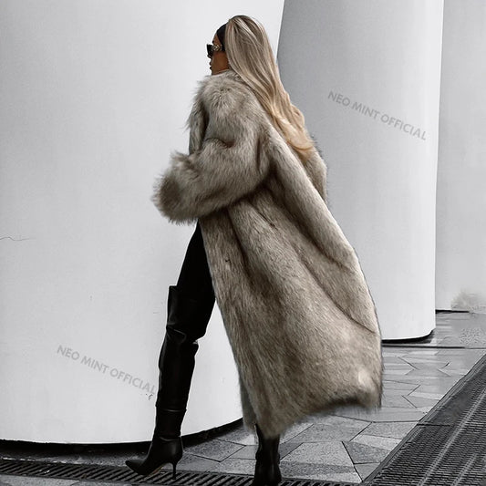 Abrigo largo de piel sintética con diseño de Mob Wife para mujer, chaqueta de piel de zorro esponjosa con degradado de invierno, abrigo peludo para mujer