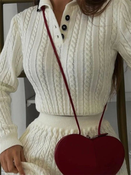 Autumn Fashion 2 Piece-Set Skirt Women’s Patchwork Contrast Long Sleeve Lapel Pullover And High Waist Mini Skirt Outfits