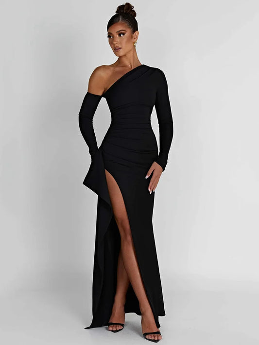 Vestido largo ajustado con hombros al descubierto y abertura hasta el muslo para mujer, manga larga, espalda descubierta, sexy, para fiesta y club