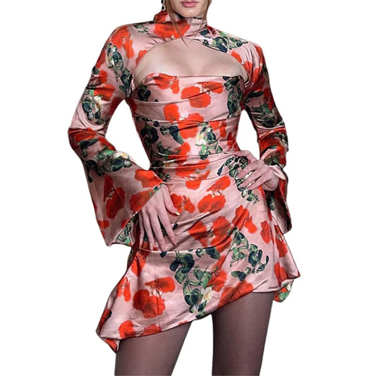 Vestido Y2K con corsé para mujer, vestido floral con mangas acampanadas, vestido sexy de corte A para mujer, minivestido de fiesta con agujeros, atuendo de primavera y verano