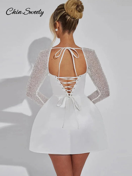 Elegant White A-Line Square Collar Short Dress Women Sexy Lace Satin Patchwork Long Sleeve Dresses New Party Club Outfits 2025