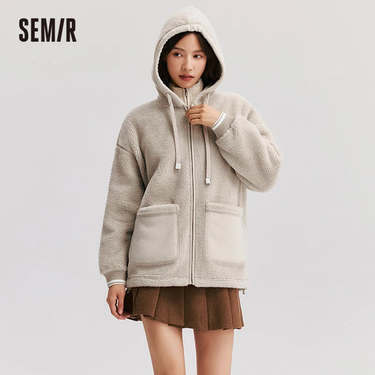 Coat Women Imitation Lamb Wool Polar Fleece Double-Sided Wear Loose New Winter Contrast Color Simple Hooded Jacket