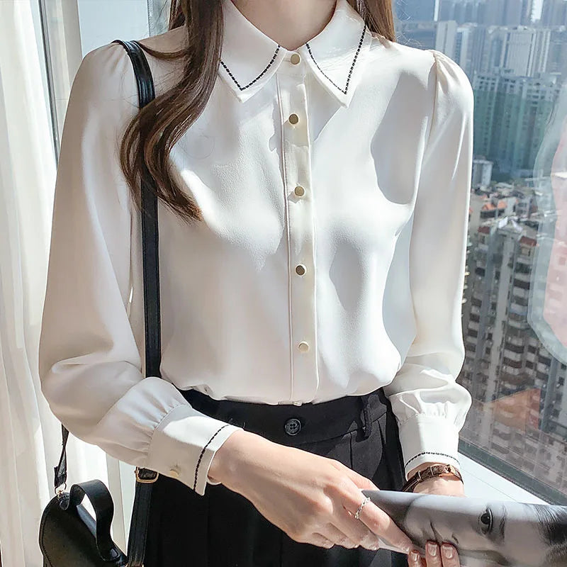 Blusas de estilo primavera-otoño para mujer, informales, de manga larga, con cuello vuelto, de color liso, DF4959