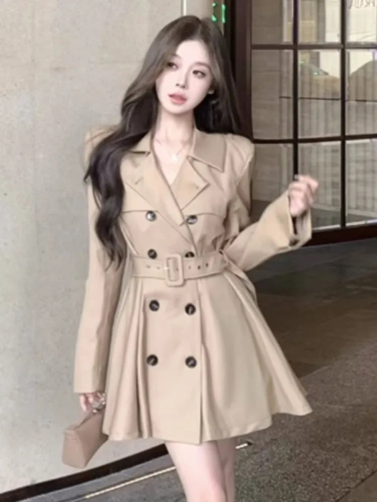 Autumn New Korean Chic Elegant Trench Coat Dresses for Women with Belt Turn-down Collar Double Breasted Casual Female Clothing