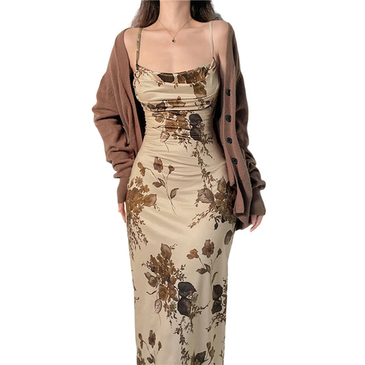 Vintage Dress y2k Aesthetic Fairy Grunge Women Floral Print Spaghetti Strap Ruched Dresses Party Ladies Bodycon Dresses
