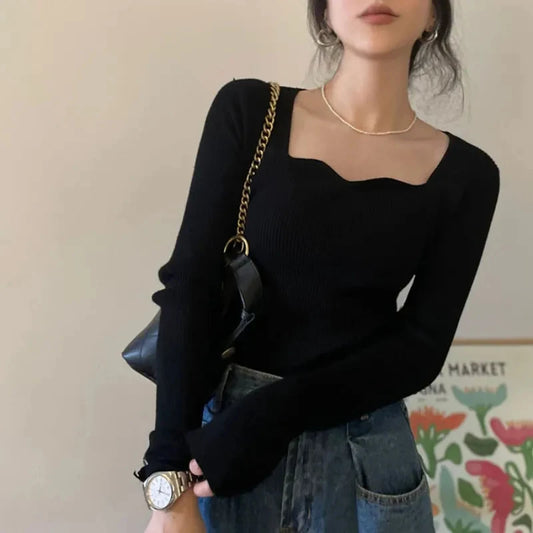 Suéteres de punto para mujer, suéteres vintage lisos, otoño invierno coreanos elegantes, prendas de punto ajustadas, cuello cuadrado, jerséis que combinan con todo, nuevos