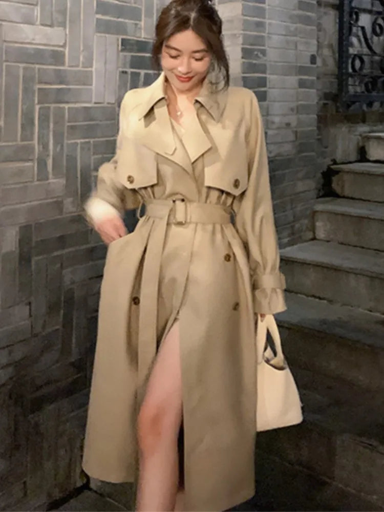 Autumn Winter Khaki Long Trench Coat for Women Jacket Elegant Outerwear Turn-down Collar Tie Belt Korean Chic Windbreaker