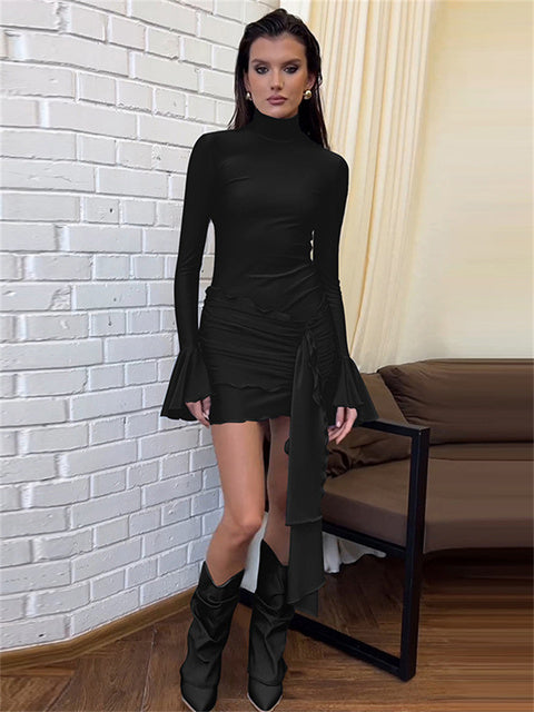 Vestido mini sexy ajustado con volantes y cuello alto de manga larga para mujer, vestido de fiesta elegante con borlas a la moda para otoño.