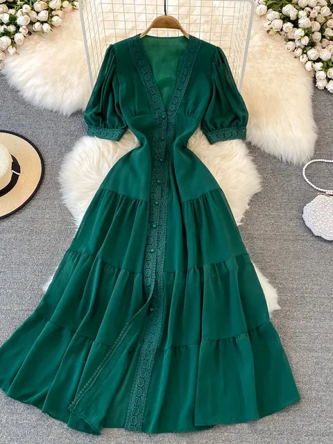 Vestido de fiesta vintage de verano para mujer, elegante, con mangas abullonadas, escote en V, encaje, botonadura sencilla, largo