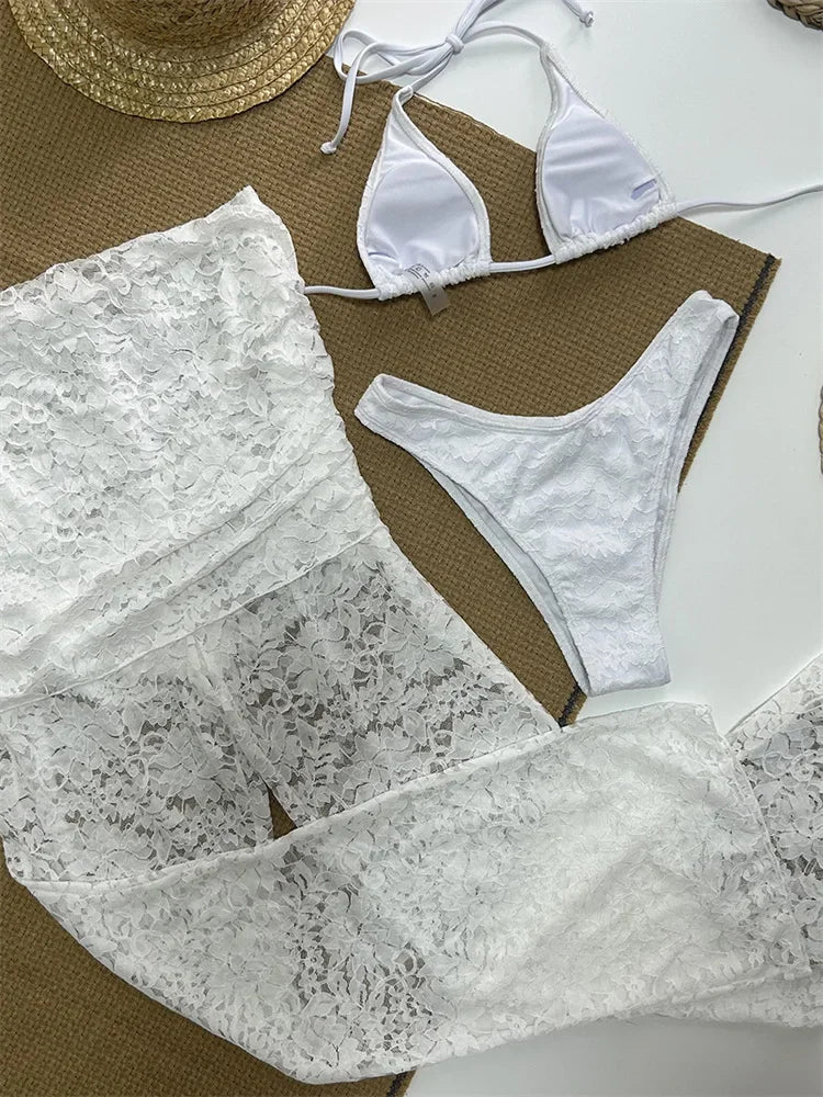 Conjunto de 3 piezas de verano para mujer, traje de baño sexy con escote en V, top transparente con espalda descubierta y pantalones estampados.