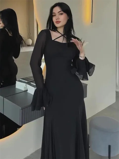 Vestido largo de otoño con volantes para mujer, elegante, ajustado, de cintura alta, con retazos, de gasa, para fiesta