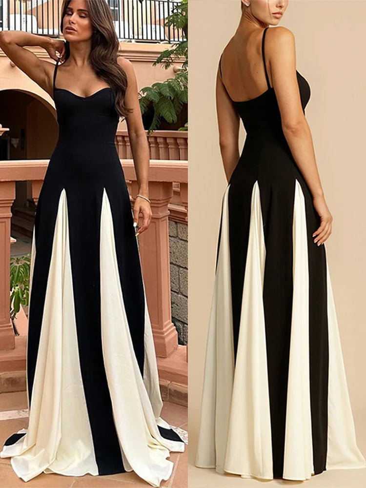 Fashion Patchwork Strap Maxi Dress Women Sexy Sleeveless Backless Female Sling Dresses Summer New Party Lady Robe