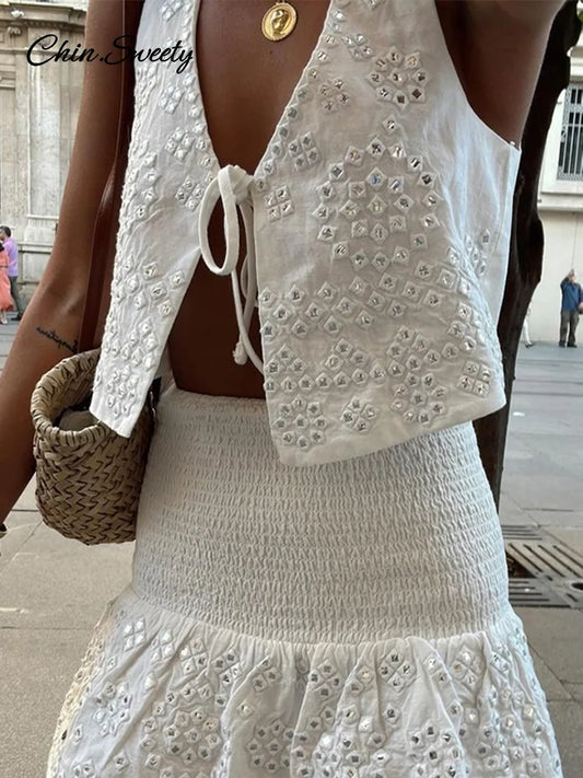 Conjunto de 2 piezas de faldas de moda para mujer, con abalorios, encaje, chaleco corto, cintura alta, falda plisada, traje 2025, nuevo conjunto a juego para mujer.